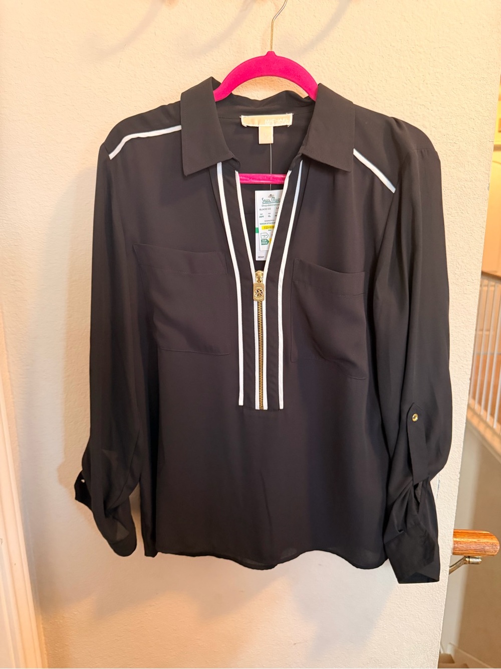 Michael Kors Black Long-Sleeve Zip-Front Blouse with White Trim